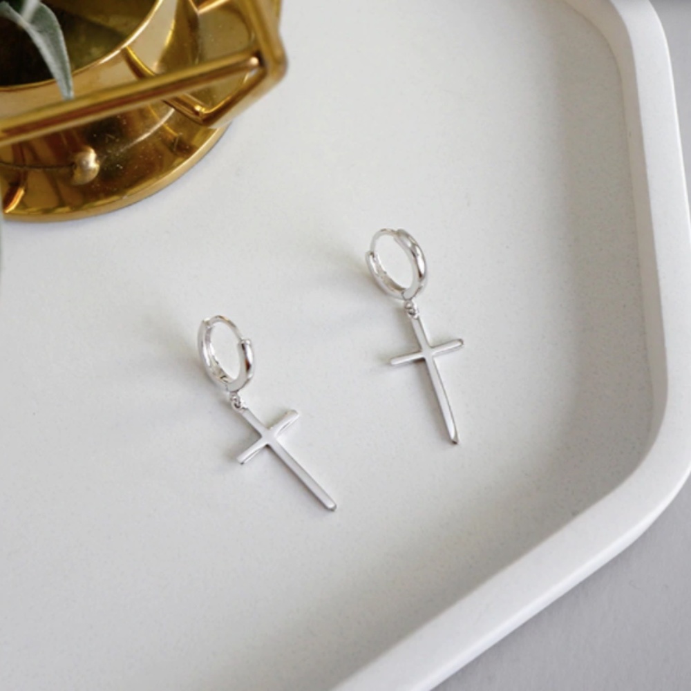 Sterling Silver Cross Pendant Hoop S925 Earrings